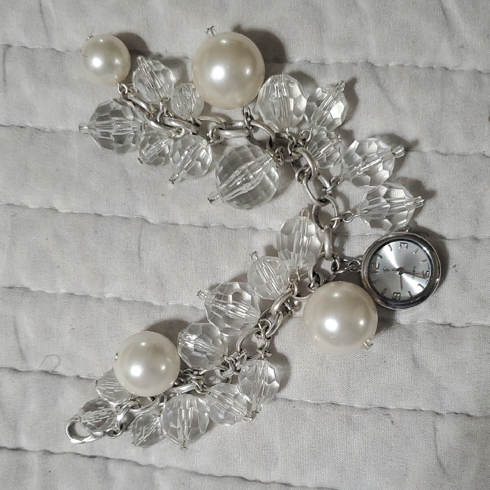 Pearl and Crystal Charm Bracelet with Watch EUC